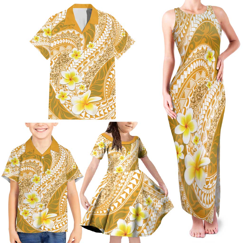 Plumeria Polynesian Gold Glitter Pattern Family Matching Tank Maxi Dress and Hawaiian Shirt LT01 - Polynesian Pride