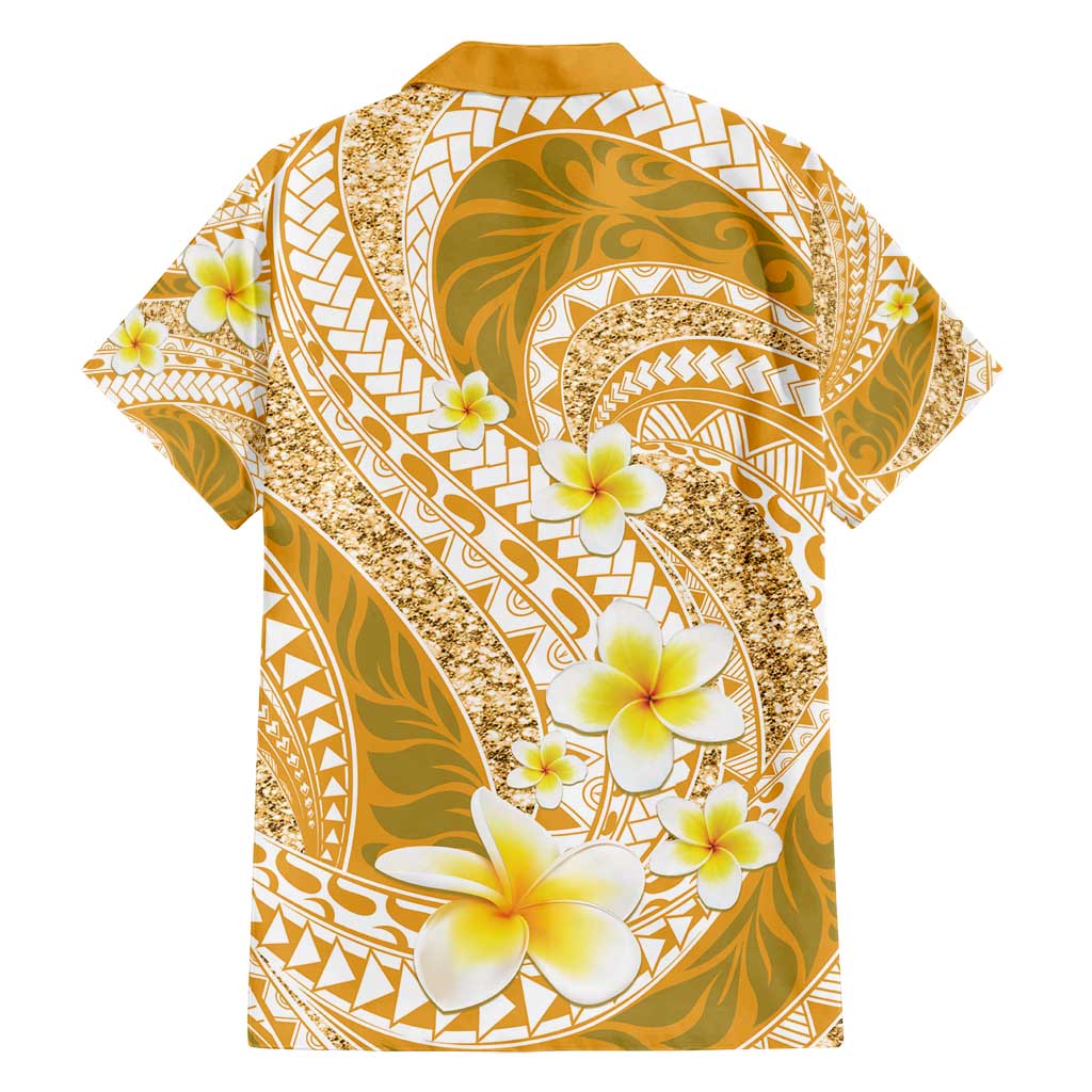 Plumeria Polynesian Gold Glitter Pattern Family Matching Tank Maxi Dress and Hawaiian Shirt
