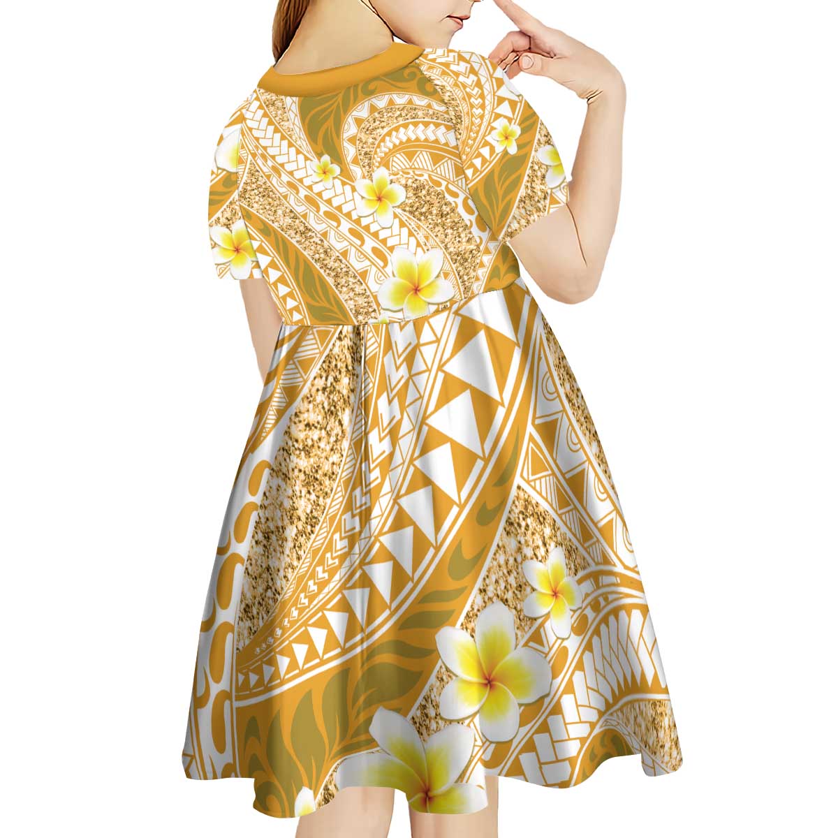 Plumeria Polynesian Gold Glitter Pattern Kid Short Sleeve Dress
