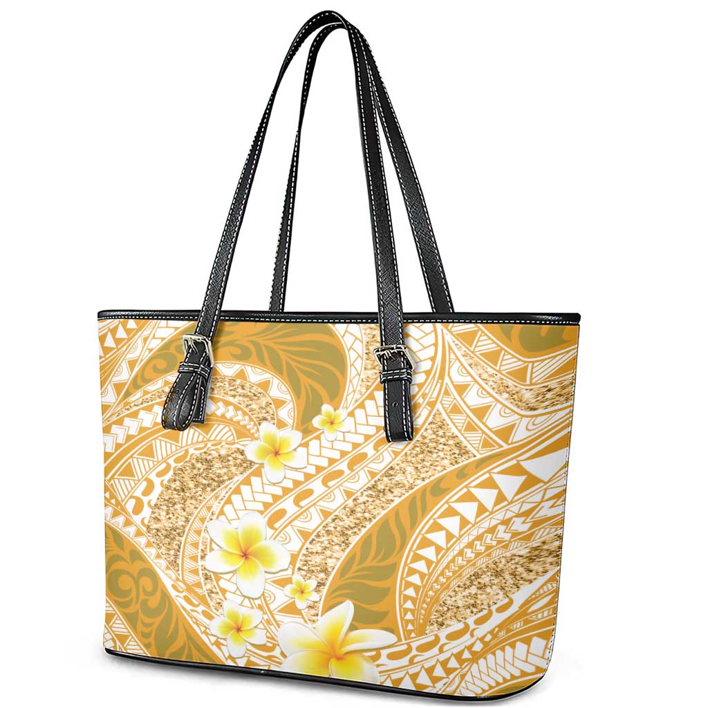 Plumeria Polynesian Gold Glitter Pattern Leather Tote Bag LT01 - Polynesian Pride