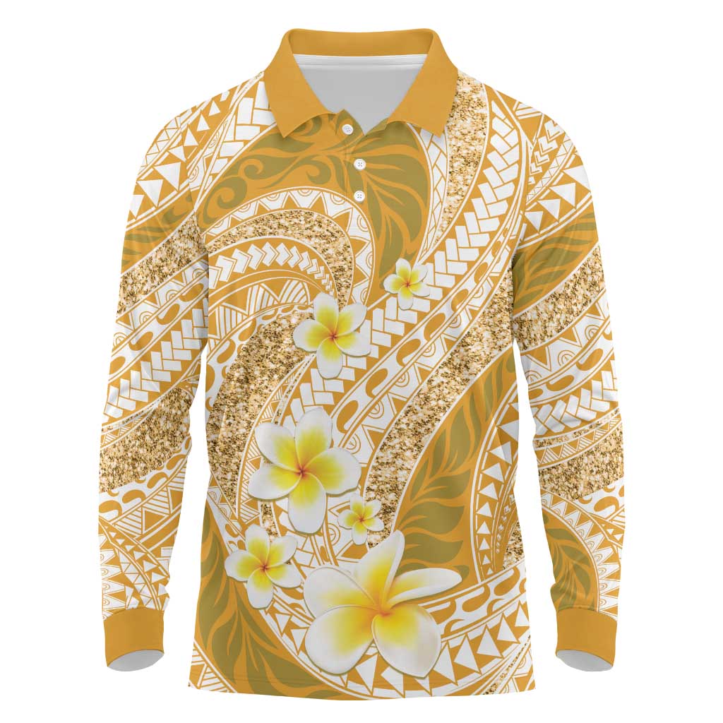 Plumeria Polynesian Gold Glitter Pattern Long Sleeve Polo Shirt