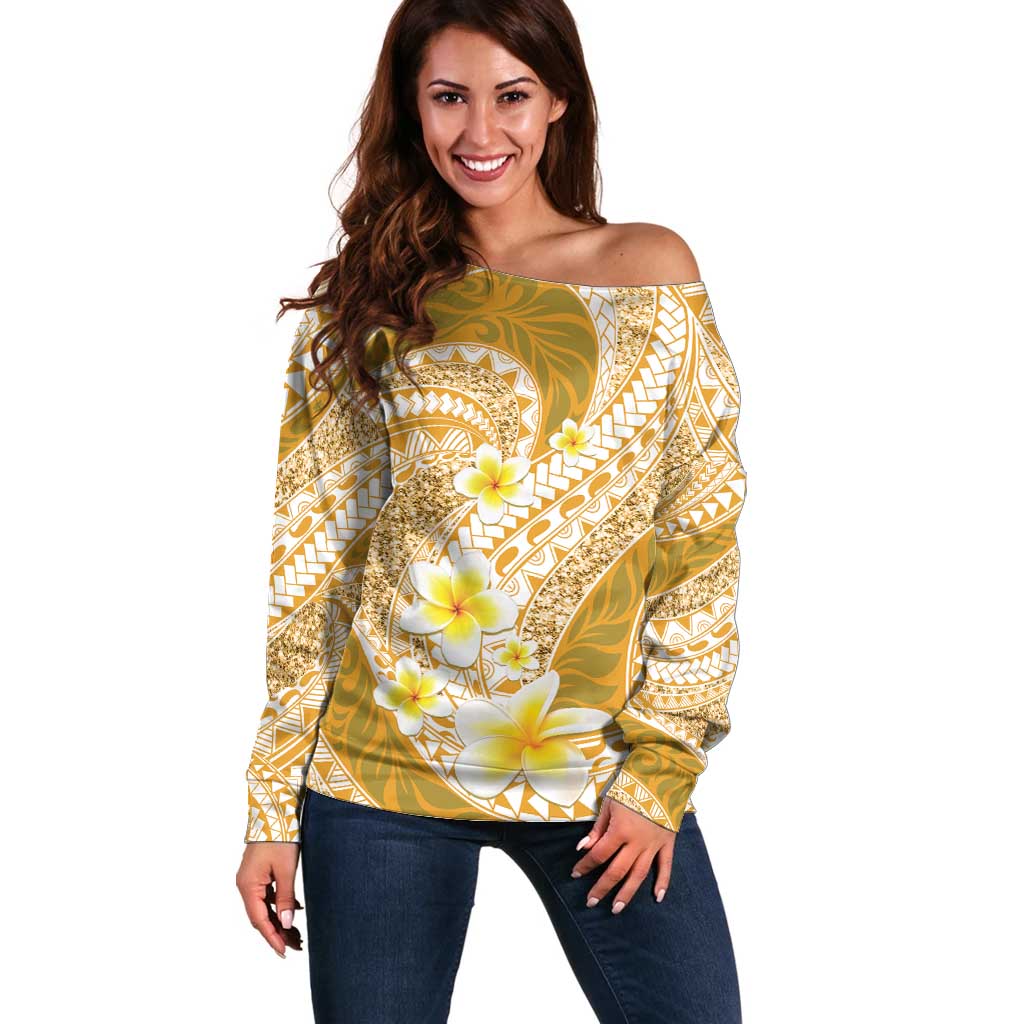 Plumeria Polynesian Gold Glitter Pattern Off Shoulder Sweater LT01 Women Gold - Polynesian Pride