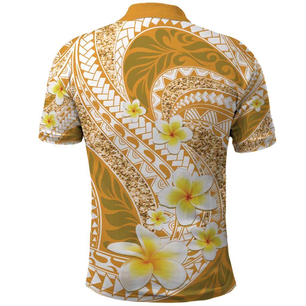 Plumeria Polynesian Gold Glitter Pattern Polo Shirt