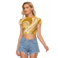 Plumeria Polynesian Gold Glitter Pattern Raglan Cropped T Shirt