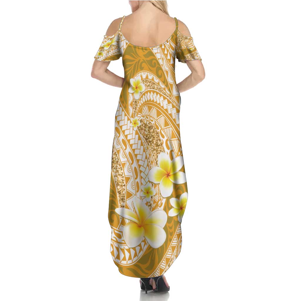 Plumeria Polynesian Gold Glitter Pattern Summer Maxi Dress