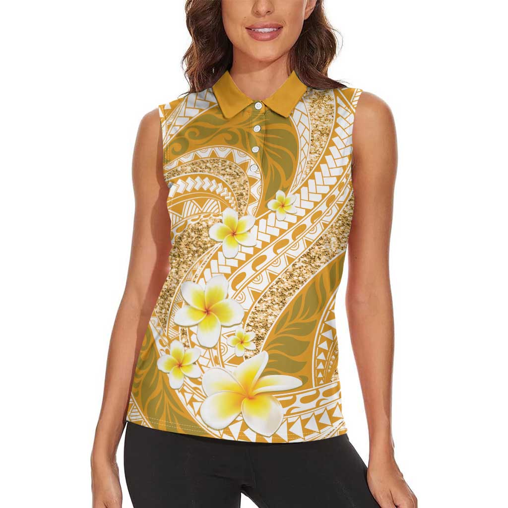 Plumeria Polynesian Gold Glitter Pattern Women Sleeveless Polo Shirt
