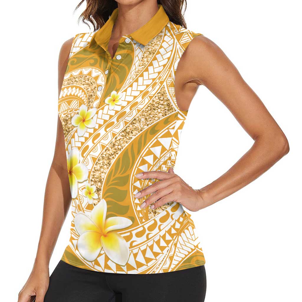 Plumeria Polynesian Gold Glitter Pattern Women Sleeveless Polo Shirt