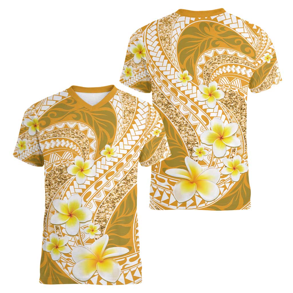 Plumeria Polynesian Gold Glitter Pattern Women V-Neck T-Shirt
