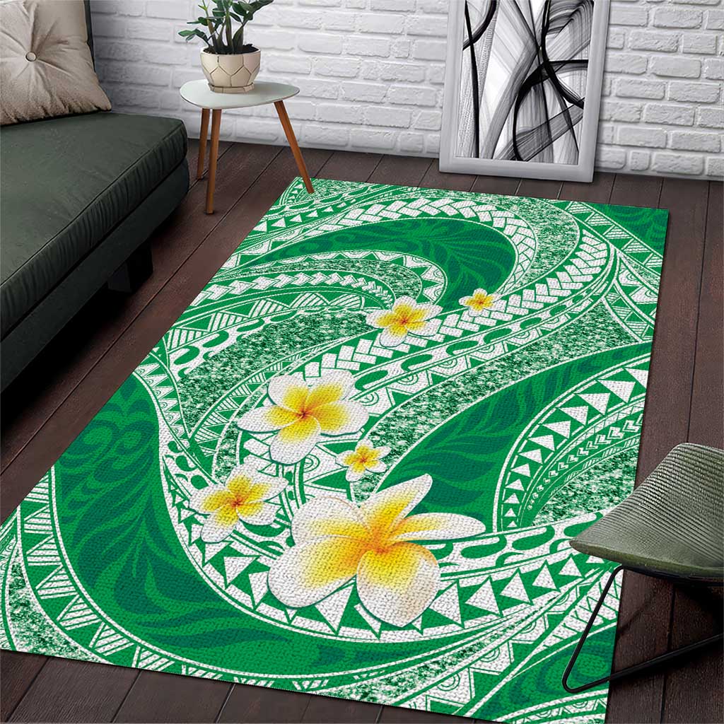 Plumeria Polynesian Green Glitter Pattern Area Rug