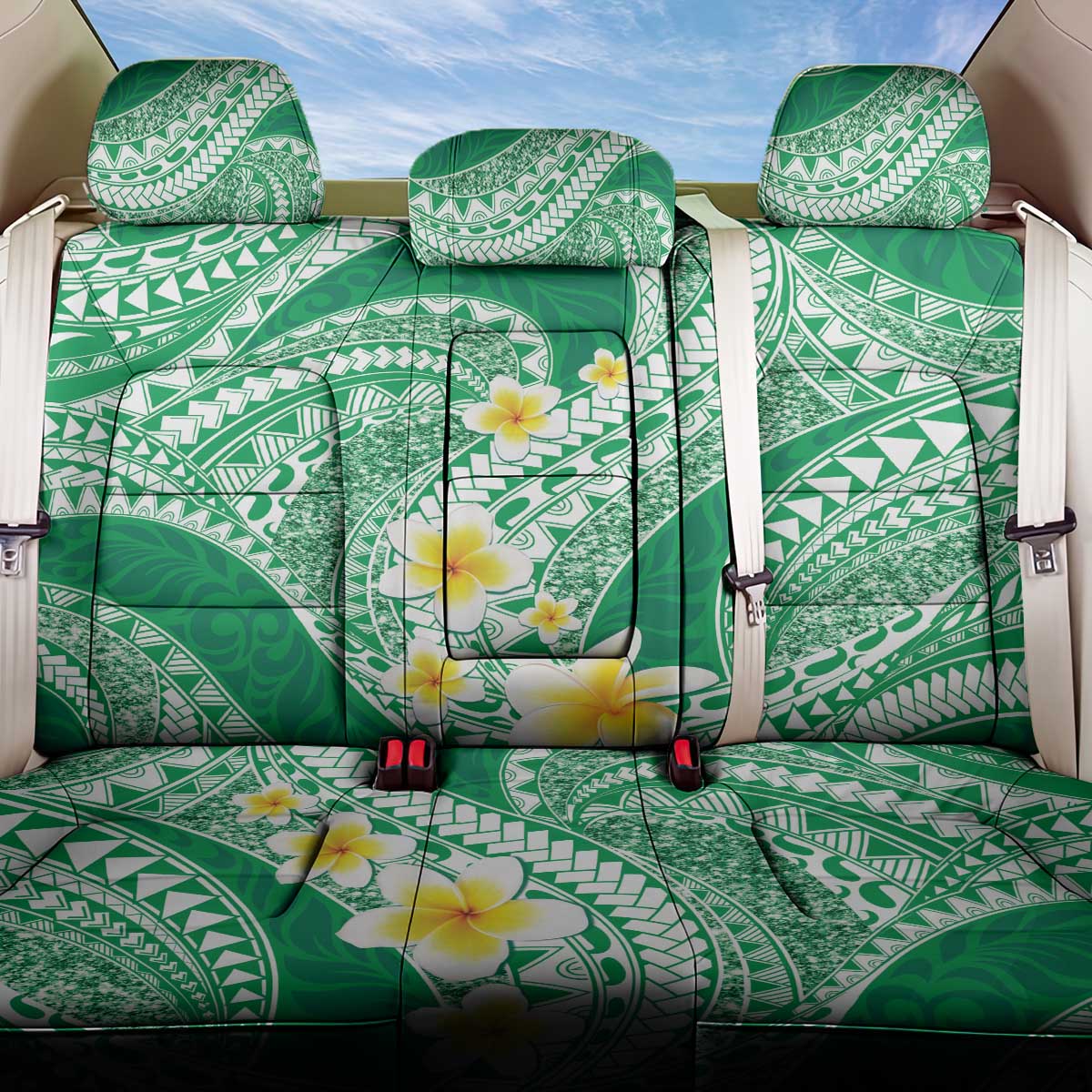 Plumeria Polynesian Green Glitter Pattern Back Car Seat Cover LT01 One Size Green - Polynesian Pride