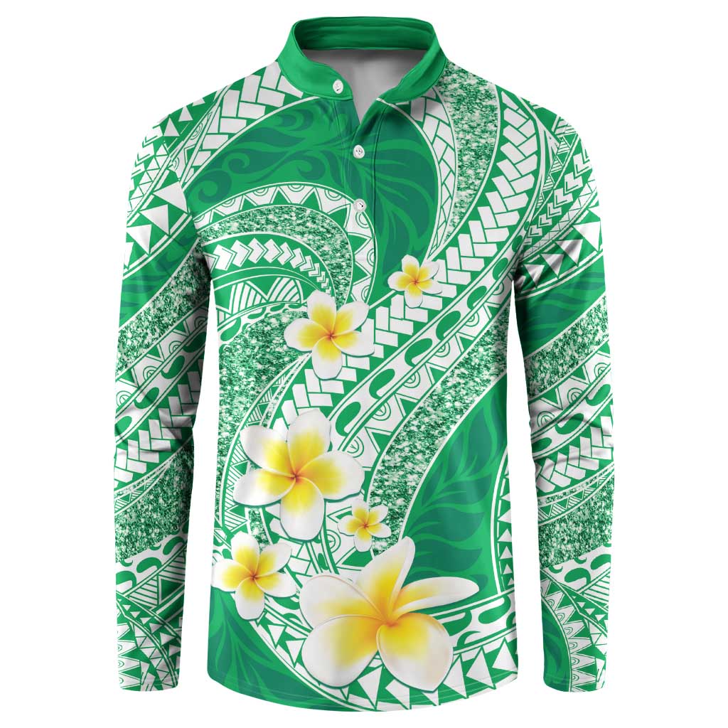 Plumeria Polynesian Green Glitter Pattern Button Sweatshirt