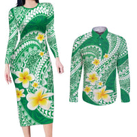 Plumeria Polynesian Green Glitter Pattern Couples Matching Long Sleeve Bodycon Dress and Long Sleeve Button Shirt