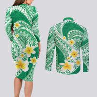 Plumeria Polynesian Green Glitter Pattern Couples Matching Long Sleeve Bodycon Dress and Long Sleeve Button Shirt