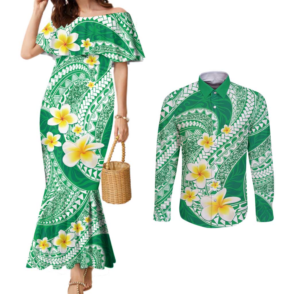 Plumeria Polynesian Green Glitter Pattern Couples Matching Mermaid Dress and Long Sleeve Button Shirt