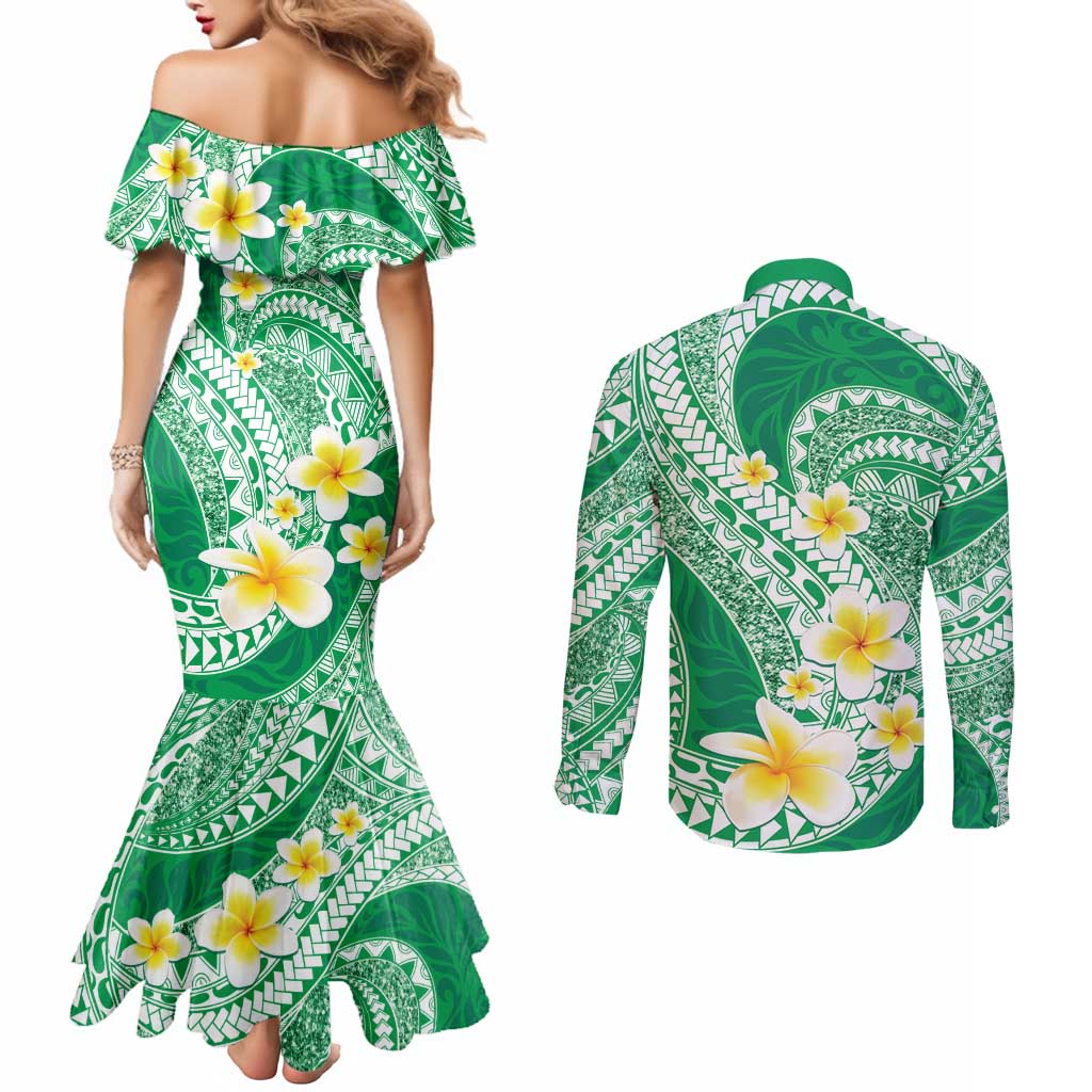 Plumeria Polynesian Green Glitter Pattern Couples Matching Mermaid Dress and Long Sleeve Button Shirt