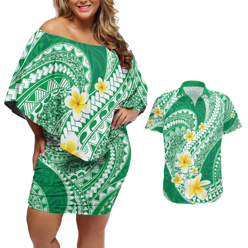 Plumeria Polynesian Green Glitter Pattern Couples Matching Off Shoulder Short Dress and Hawaiian Shirt LT01 Green - Polynesian Pride