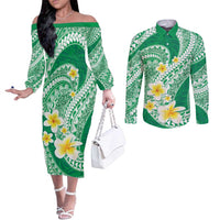 Plumeria Polynesian Green Glitter Pattern Couples Matching Off The Shoulder Long Sleeve Dress and Long Sleeve Button Shirt