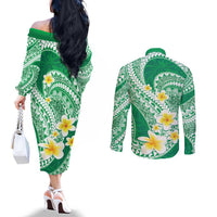 Plumeria Polynesian Green Glitter Pattern Couples Matching Off The Shoulder Long Sleeve Dress and Long Sleeve Button Shirt