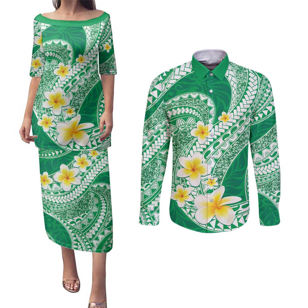 Plumeria Polynesian Green Glitter Pattern Couples Matching Puletasi and Long Sleeve Button Shirt