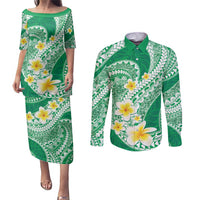Plumeria Polynesian Green Glitter Pattern Couples Matching Puletasi and Long Sleeve Button Shirt