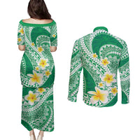 Plumeria Polynesian Green Glitter Pattern Couples Matching Puletasi and Long Sleeve Button Shirt