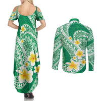 Plumeria Polynesian Green Glitter Pattern Couples Matching Summer Maxi Dress and Long Sleeve Button Shirt