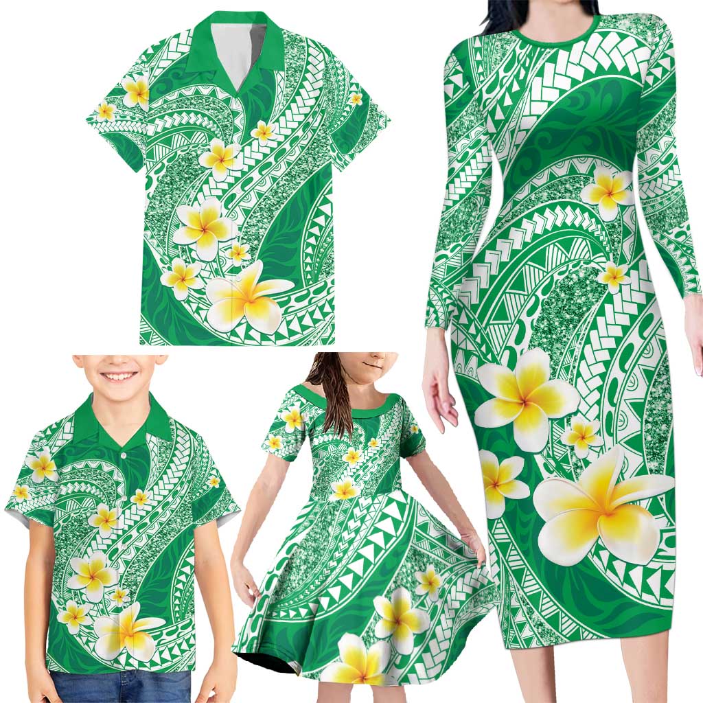 Plumeria Polynesian Green Glitter Pattern Family Matching Long Sleeve Bodycon Dress and Hawaiian Shirt LT01 - Polynesian Pride