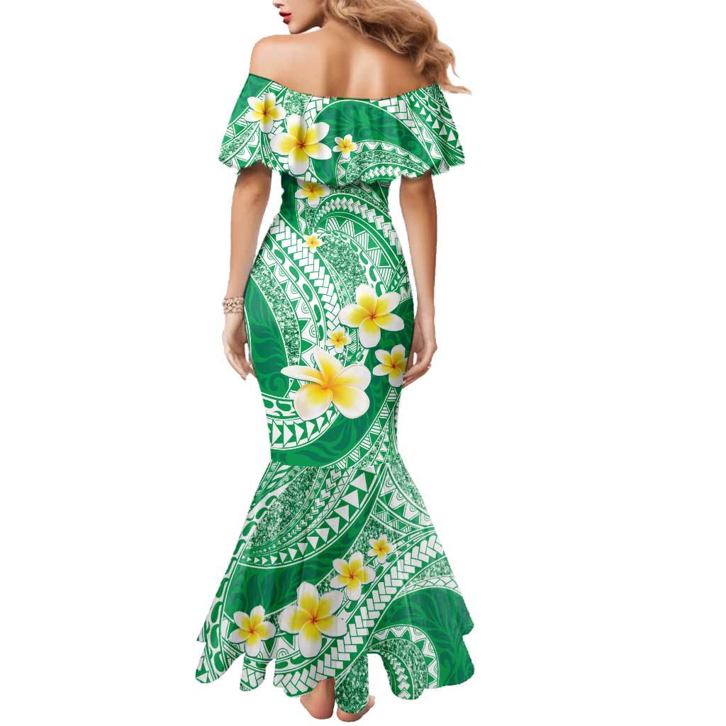 Plumeria Polynesian Green Glitter Pattern Family Matching Mermaid Dress and Hawaiian Shirt