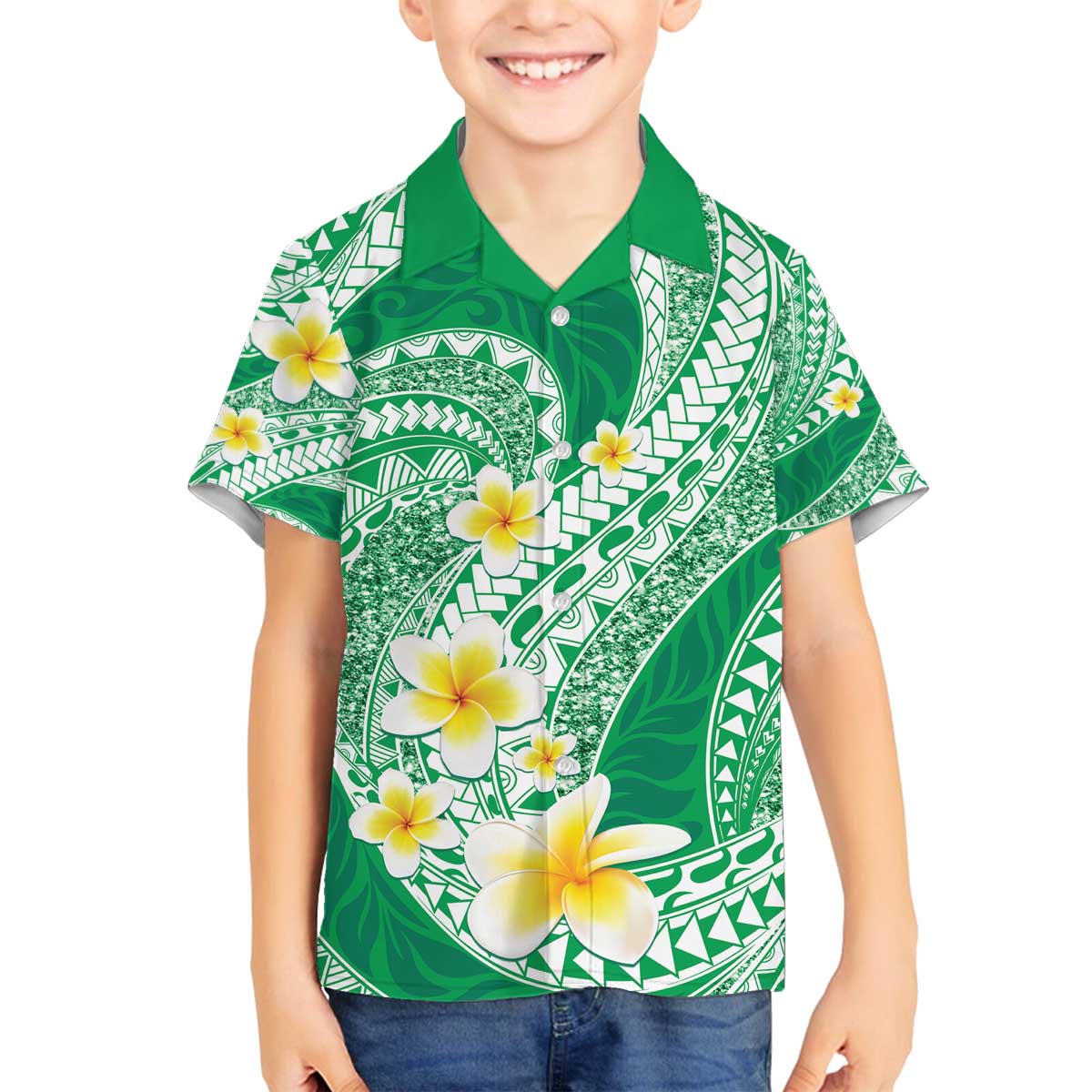 Plumeria Polynesian Green Glitter Pattern Family Matching Off The Shoulder Long Sleeve Dress and Hawaiian Shirt