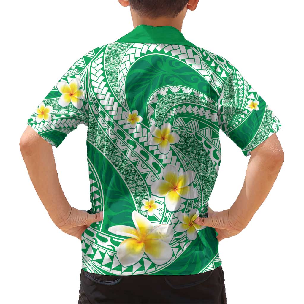 Plumeria Polynesian Green Glitter Pattern Family Matching Off Shoulder Maxi Dress and Hawaiian Shirt