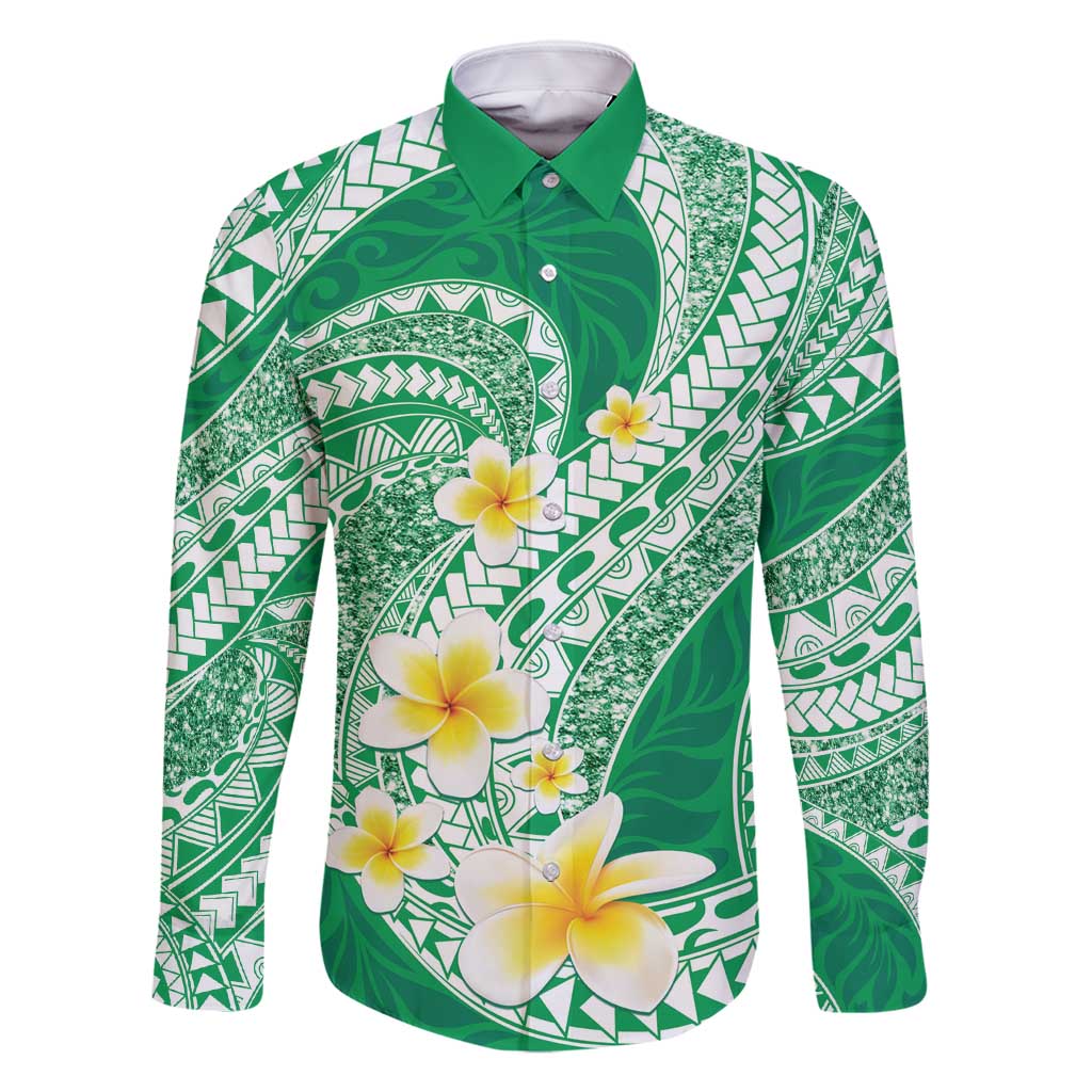 Plumeria Polynesian Green Glitter Pattern Family Matching Off Shoulder Maxi Dress and Hawaiian Shirt