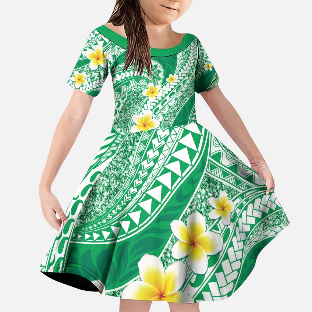 Plumeria Polynesian Green Glitter Pattern Family Matching Puletasi and Hawaiian Shirt