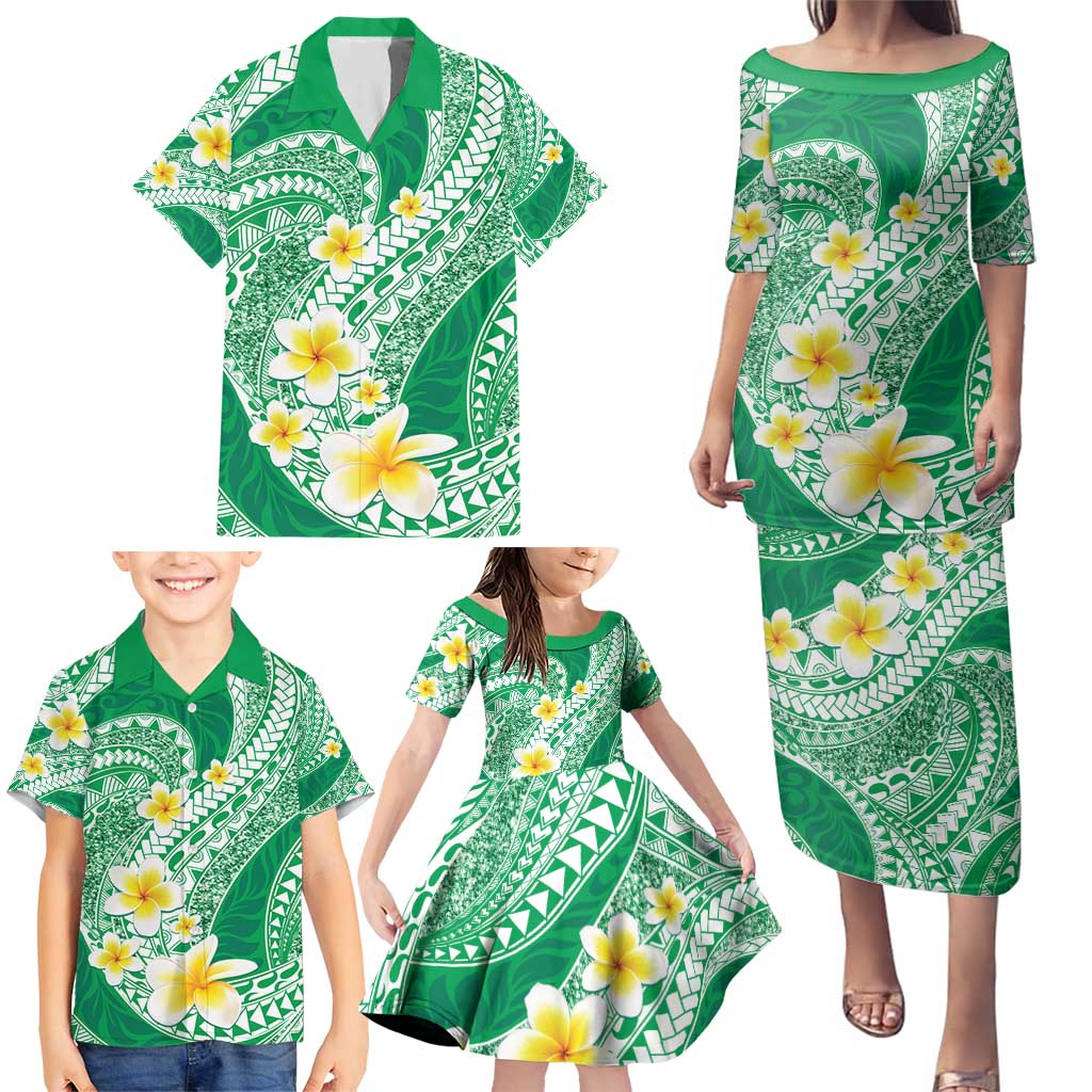 Plumeria Polynesian Green Glitter Pattern Family Matching Puletasi and Hawaiian Shirt LT01 - Polynesian Pride