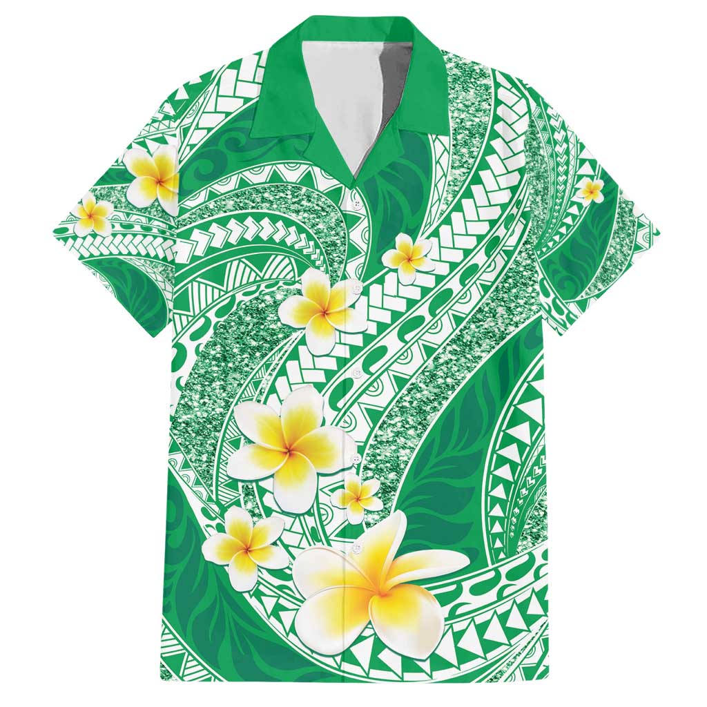 Plumeria Polynesian Green Glitter Pattern Family Matching Short Sleeve Bodycon Dress and Hawaiian Shirt