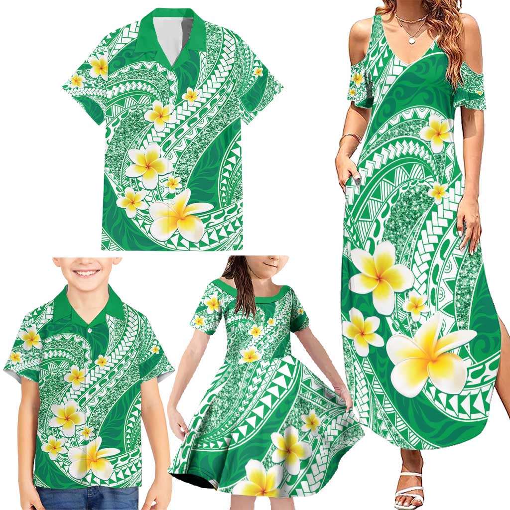 Plumeria Polynesian Green Glitter Pattern Family Matching Summer Maxi Dress and Hawaiian Shirt LT01 - Polynesian Pride