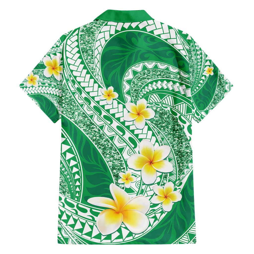 Plumeria Polynesian Green Glitter Pattern Family Matching Tank Maxi Dress and Hawaiian Shirt