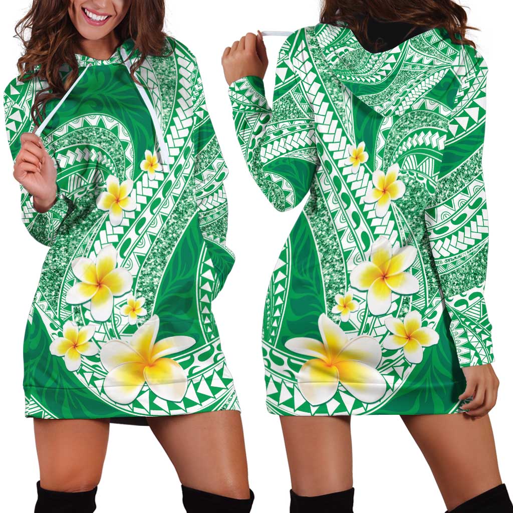 Plumeria Polynesian Green Glitter Pattern Hoodie Dress