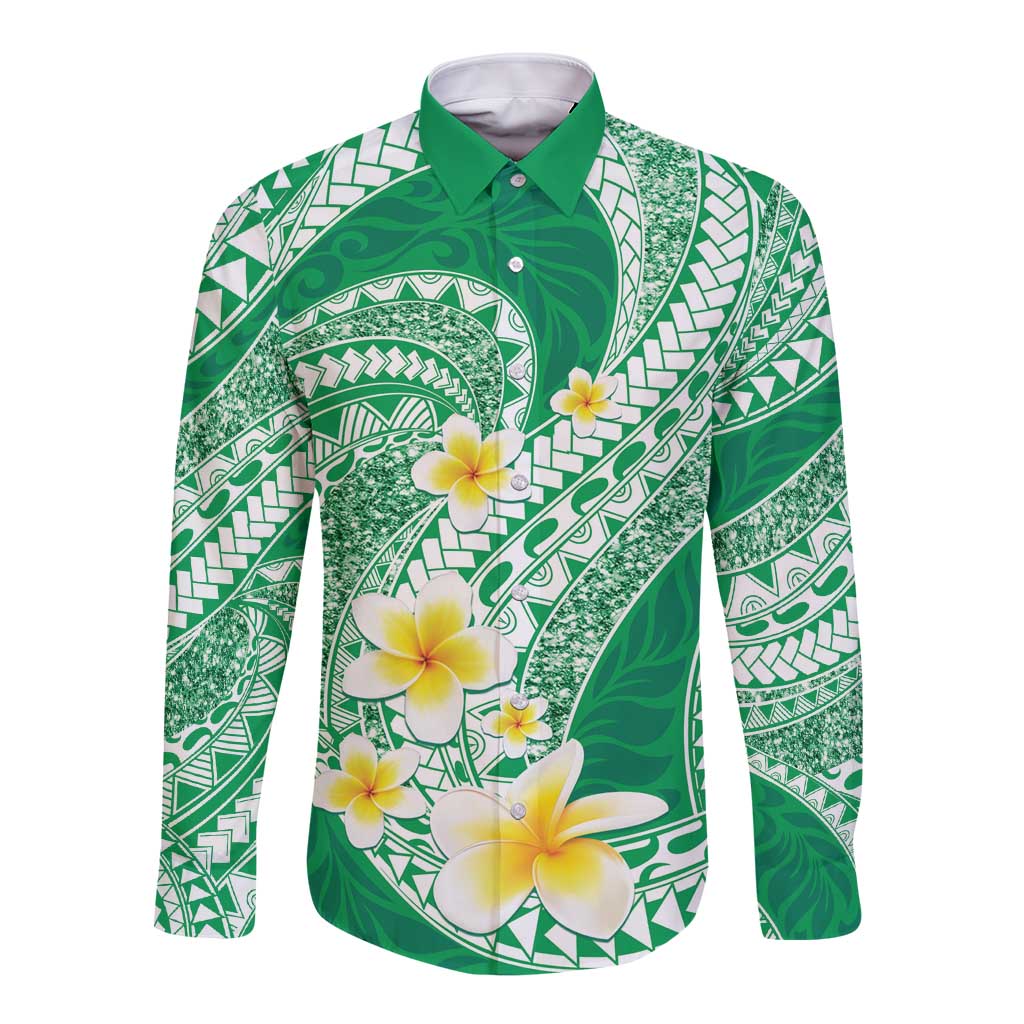 Plumeria Polynesian Green Glitter Pattern Long Sleeve Button Shirt