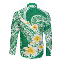 Plumeria Polynesian Green Glitter Pattern Long Sleeve Button Shirt