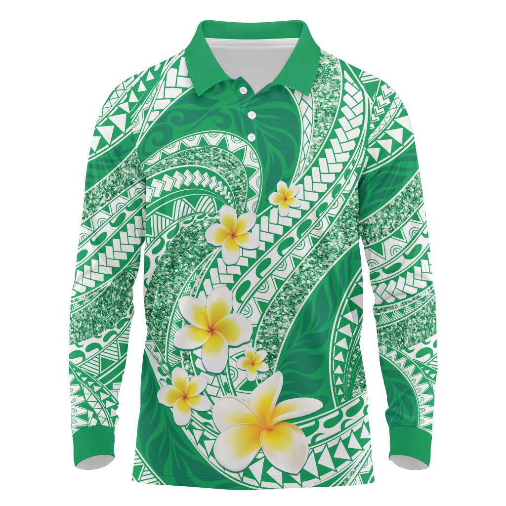 Plumeria Polynesian Green Glitter Pattern Long Sleeve Polo Shirt