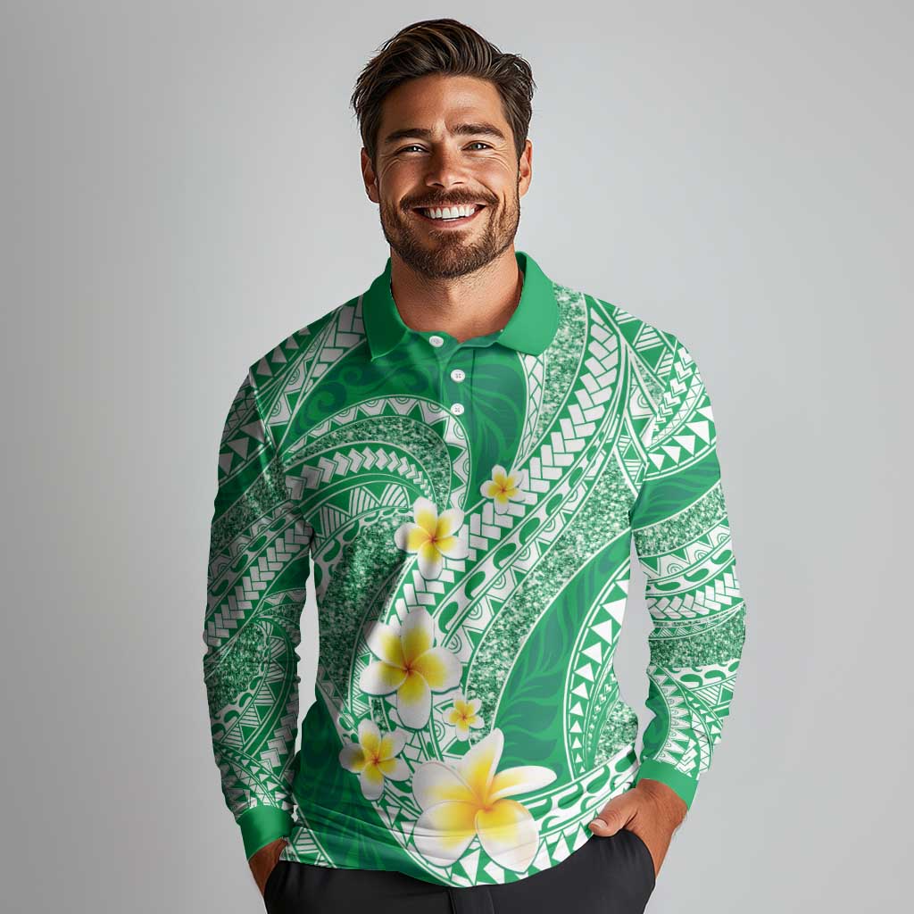 Plumeria Polynesian Green Glitter Pattern Long Sleeve Polo Shirt