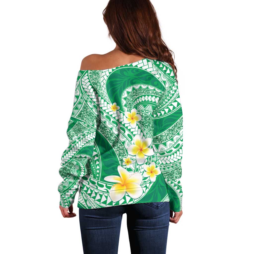 Plumeria Polynesian Green Glitter Pattern Off Shoulder Sweater