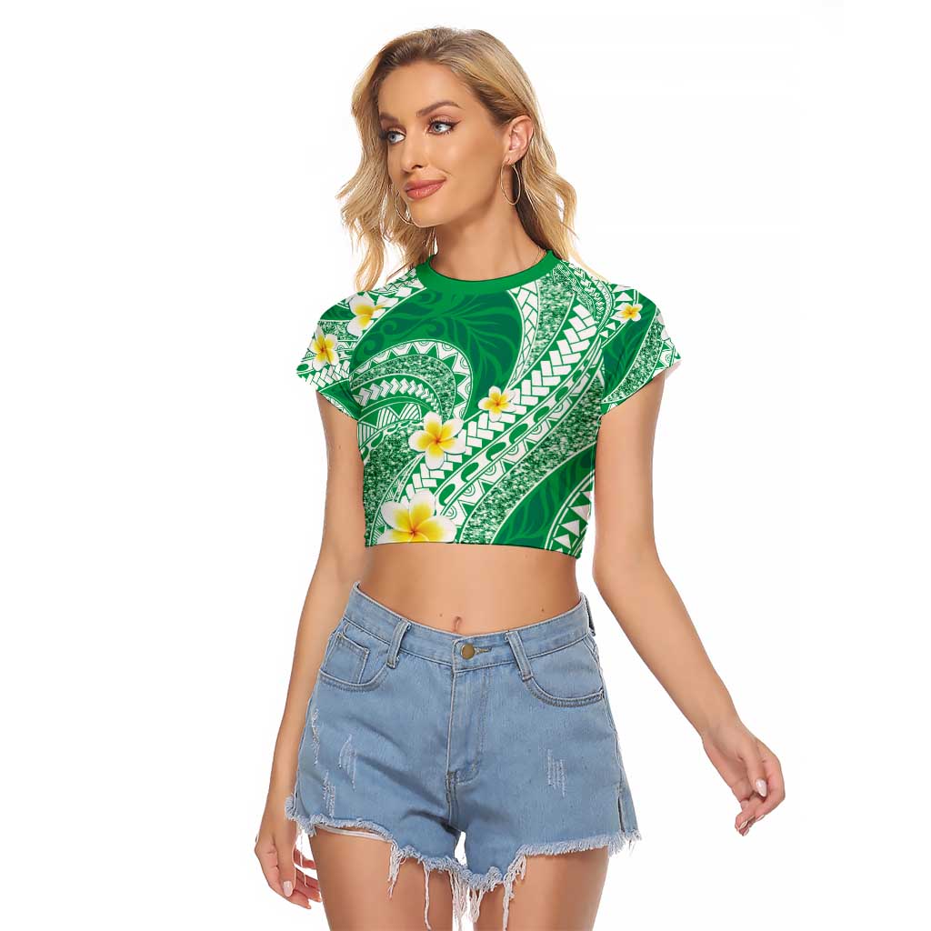 Plumeria Polynesian Green Glitter Pattern Raglan Cropped T Shirt