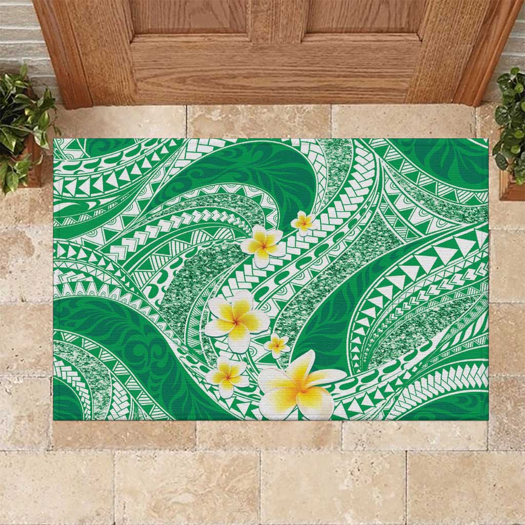 Plumeria Polynesian Green Glitter Pattern Rubber Doormat