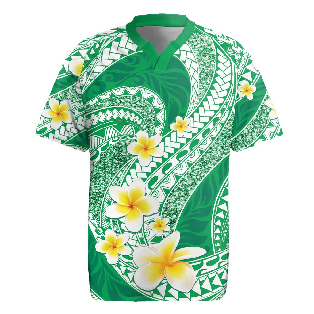 Plumeria Polynesian Green Glitter Pattern Rugby Jersey LT01 Green - Polynesian Pride