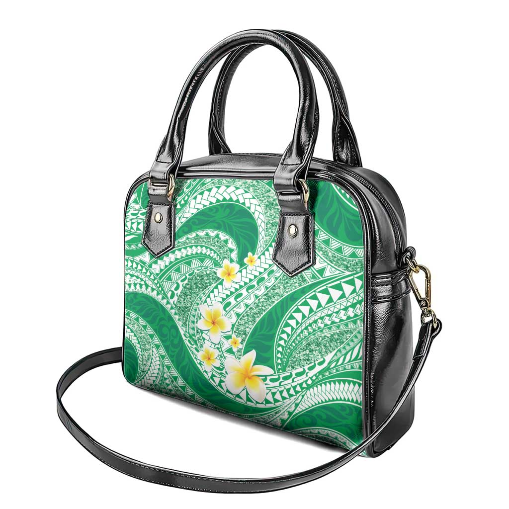Plumeria Polynesian Green Glitter Pattern Shoulder Handbag