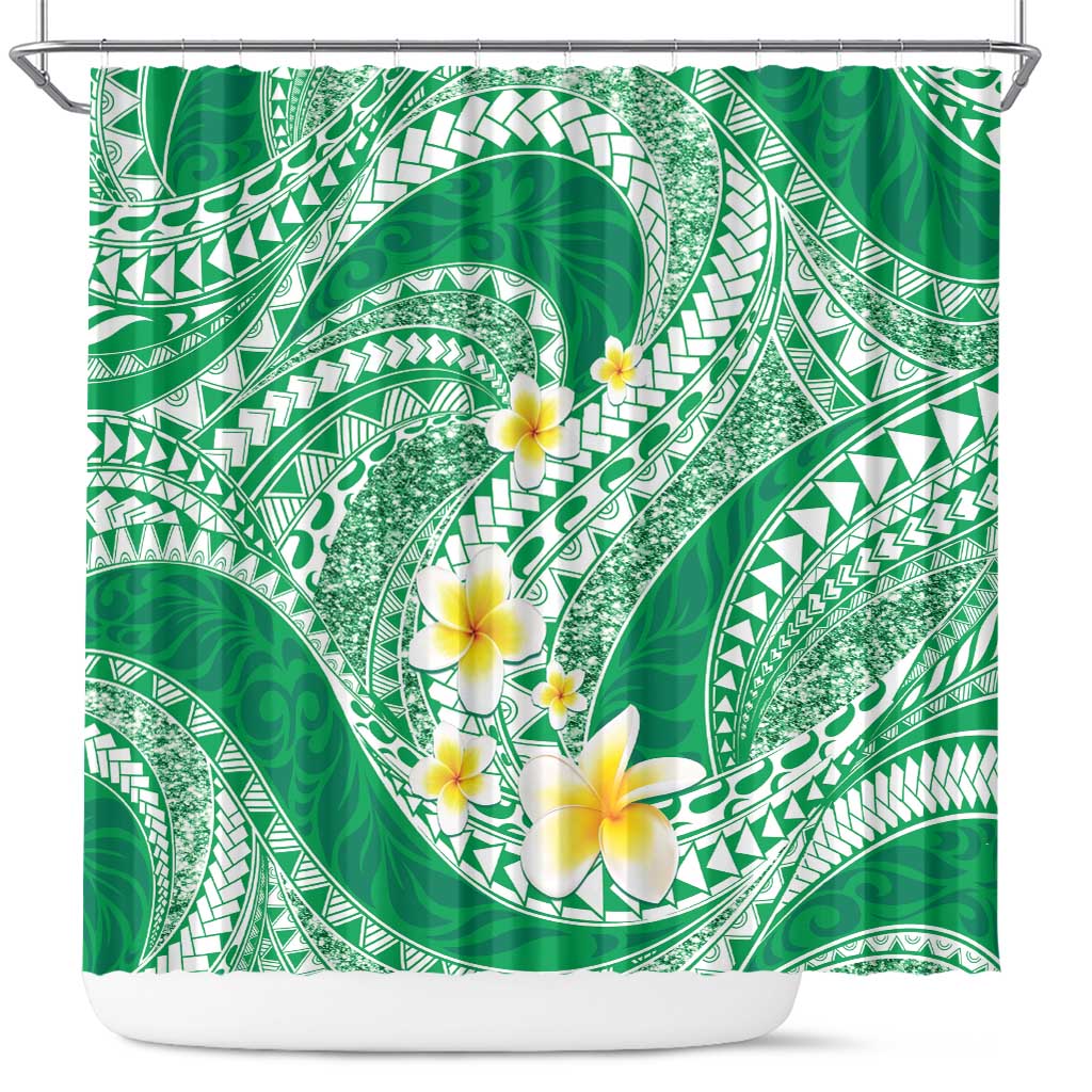 Plumeria Polynesian Green Glitter Pattern Shower Curtain LT01 Green - Polynesian Pride
