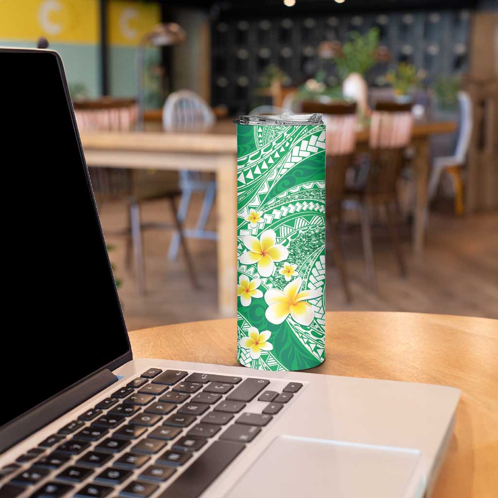 Plumeria Polynesian Green Glitter Pattern Skinny Tumbler
