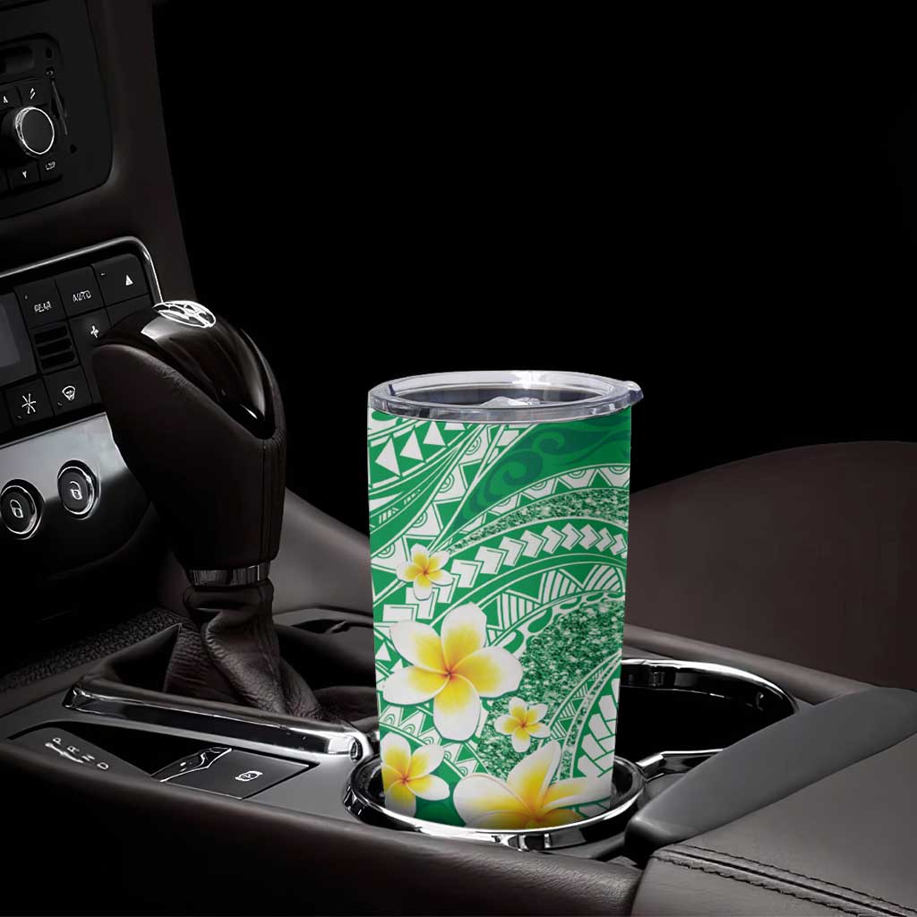 Plumeria Polynesian Green Glitter Pattern Tumbler Cup