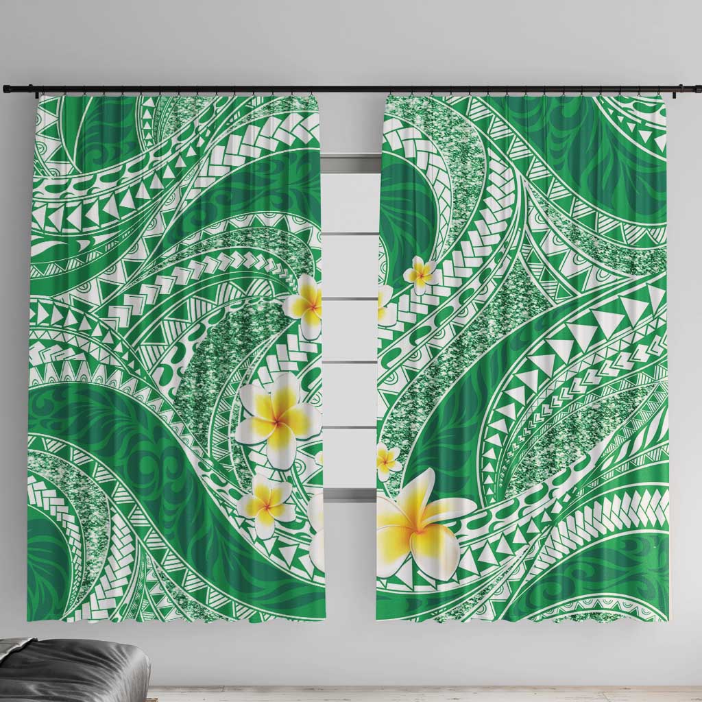 Plumeria Polynesian Green Glitter Pattern Window Curtain LT01 With Hooks Green - Polynesian Pride
